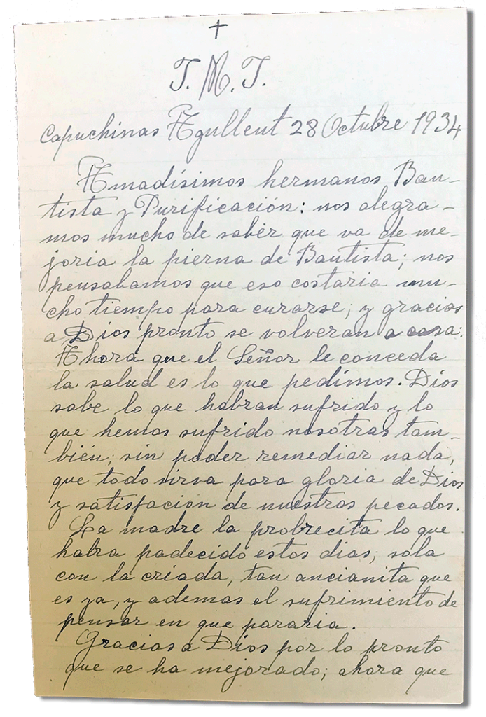 María Teresa y sus Hijas Mártires - Parroquia San Pio X de Algemesí Valencia - de Sor Felicidad Masiá a su madre 1934 28 octubre