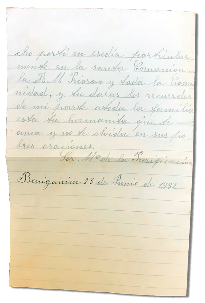 María Teresa y sus Hijas Mártires - Parroquia San Pio X de Algemesí Valencia - de Sor Josefa de la Purificación Masiá a su hermano Bautista 1932 23 junio