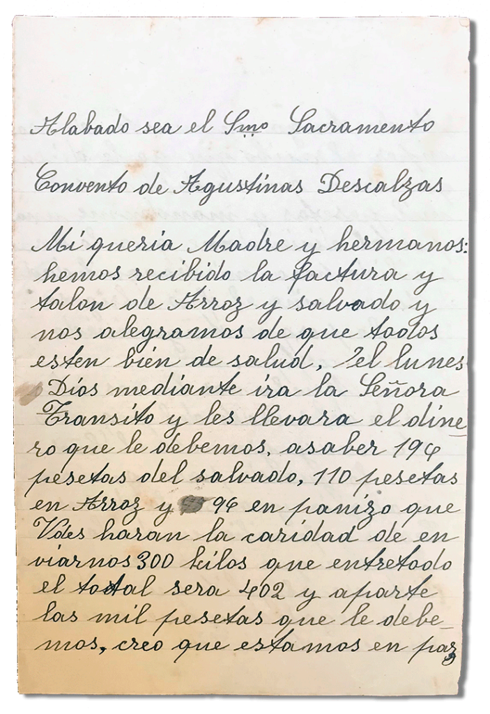 María Teresa y sus Hijas Mártires - Parroquia San Pio X de Algemesí Valencia - de Sor Josefa de la Purificación Masiá a su madre y hermanos 1935 16 noviembre