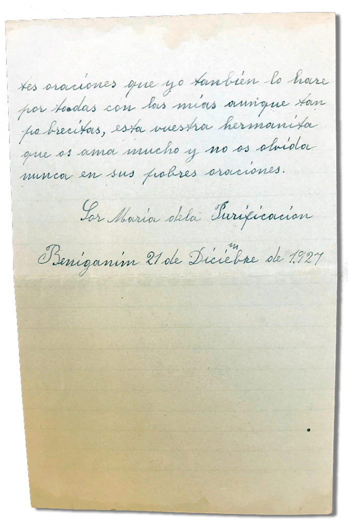 María Teresa y sus Hijas Mártires - Parroquia San Pio X de Algemesí Valencia - de Sor Josefa de la Purificación Masiá a sus hermanitas 1927 21 diciembre