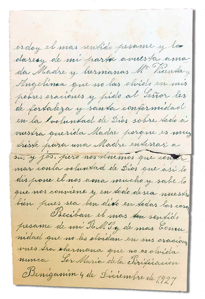 María Teresa y sus Hijas Mártires - Parroquia San Pio X de Algemesí Valencia - de Sor Josefa de la Purificación Masiá a sus hermanos 1927 4 diciembre