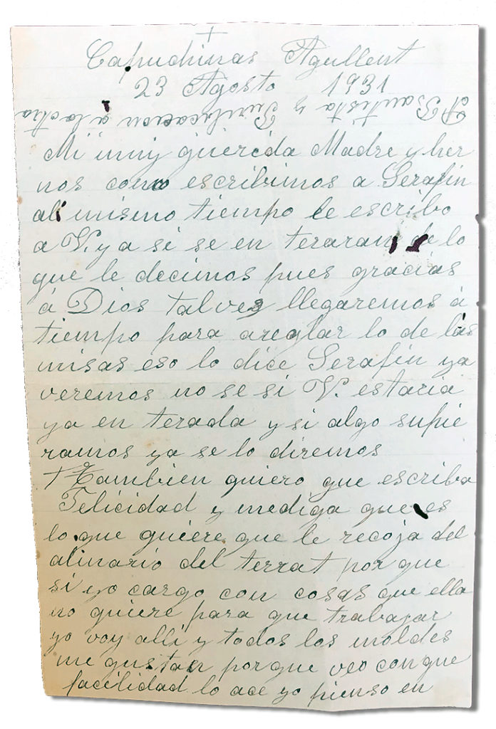 María Teresa y sus Hijas Mártires - Parroquia San Pio X de Algemesí Valencia - de Sor María Jesús Masiá a su madre y hermanos 1931 23 agosto