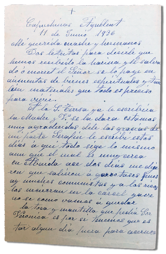 María Teresa y sus Hijas Mártires - Parroquia San Pio X de Algemesí Valencia - de Sor María Jesús Masiá a su madre y hermanos 1936 11 junio