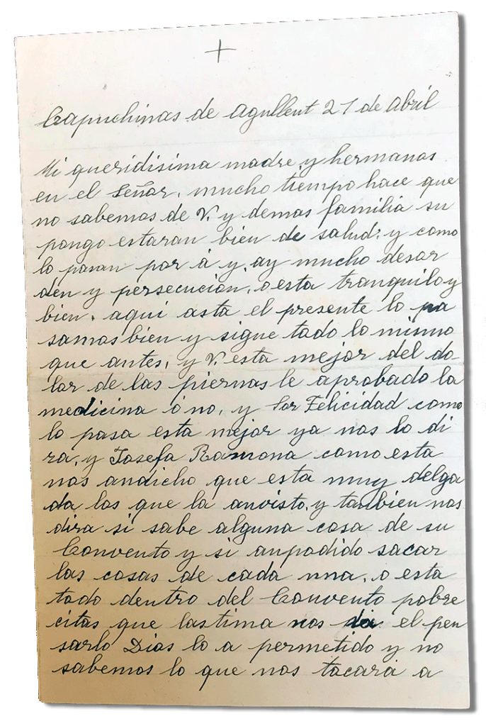 María Teresa e le sue figlie martiri - Parrocchia San Pio X di Algemesí Valencia - da suor María Verónica Masiá a madre e sorelle 1936 21 aprile