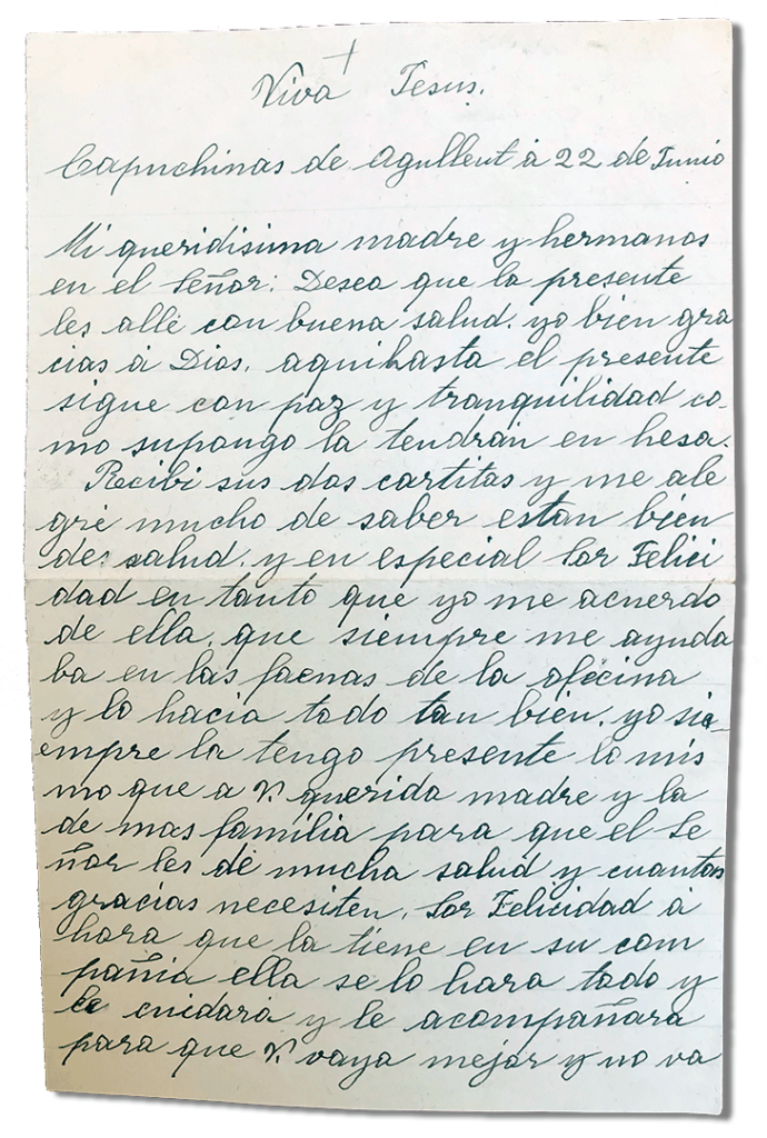 María Teresa e le sue figlie martiri - Parrocchia San Pio X di Algemesí Valencia - da Suor María Verónica Masiá a madre e fratelli 1936 22 giugno