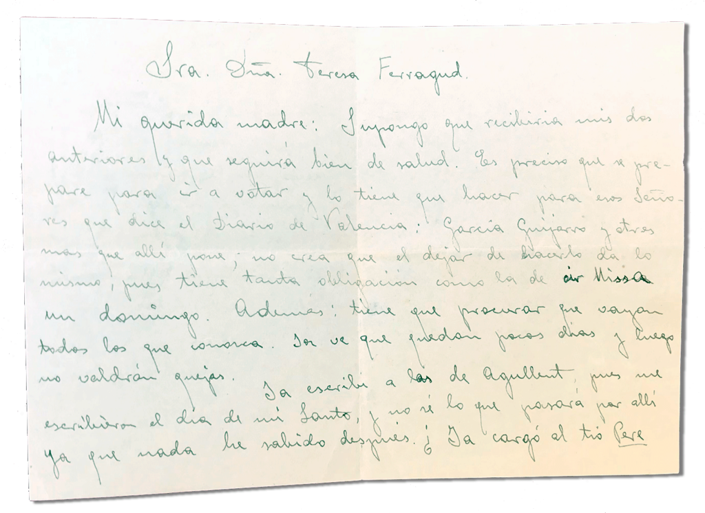 María Teresa y sus Hijas Mártires - Parroquia San Pio X de Algemesí Valencia - Carta de Fray Serafín a su madre 1933 11 noviembre