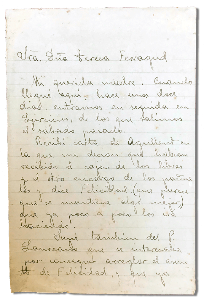 María Teresa y sus Hijas Mártires - Parroquia San Pio X de Algemesí Valencia - Carta de Fray Serafín a su madre 1935 19 septiembre