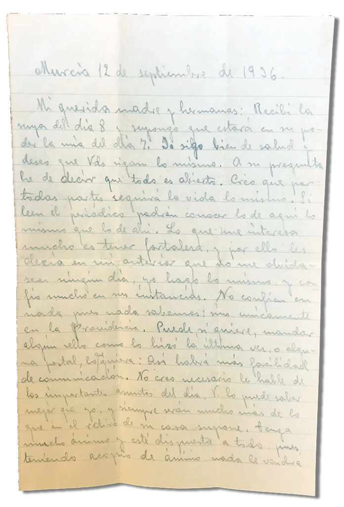 María Teresa y sus Hijas Mártires - Parroquia San Pio X de Algemesí Valencia - Carta de Fray Serafín a su madre 1936 12 septiembre