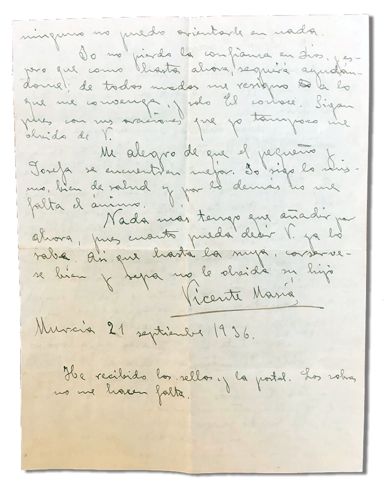 María Teresa y sus Hijas Mártires - Parroquia San Pio X de Algemesí Valencia - Carta de Fray Serafín a su madre 1936 21 septiembre