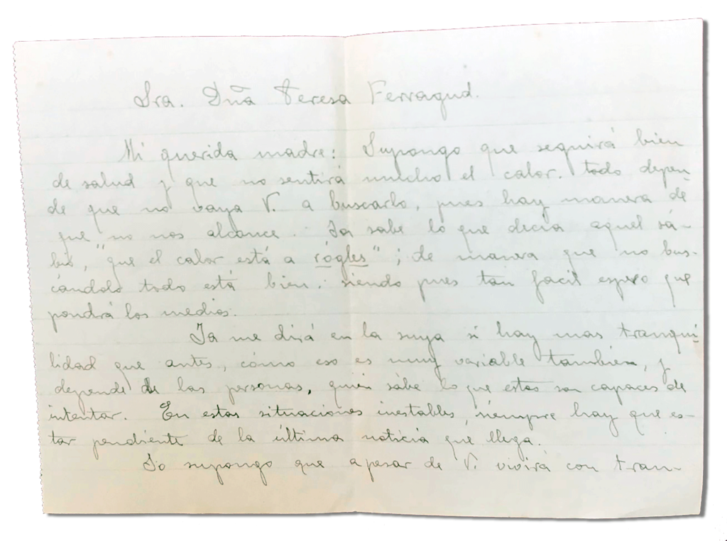 María Teresa y sus Hijas Mártires - Parroquia San Pio X de Algemesí Valencia - Carta de Fray Serafín a su madre 1936 6 julio