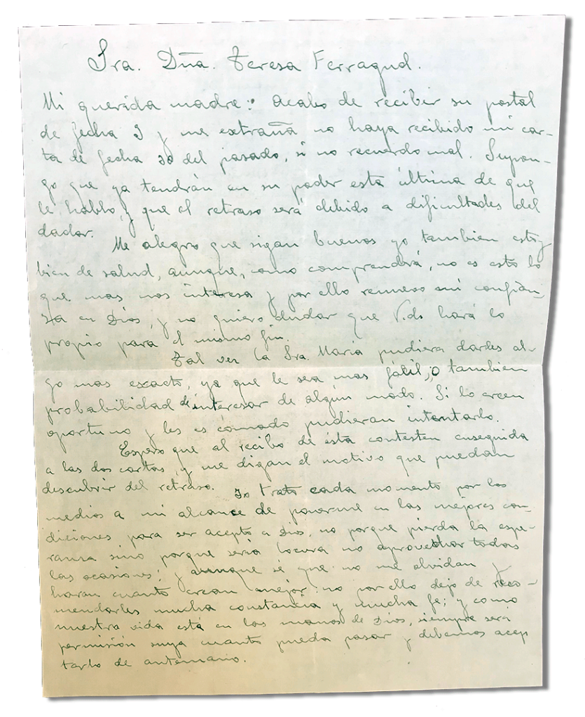 María Teresa y sus Hijas Mártires - Parroquia San Pio X de Algemesí Valencia - Carta de Fray Serafín a su madre 1936 6 octubre