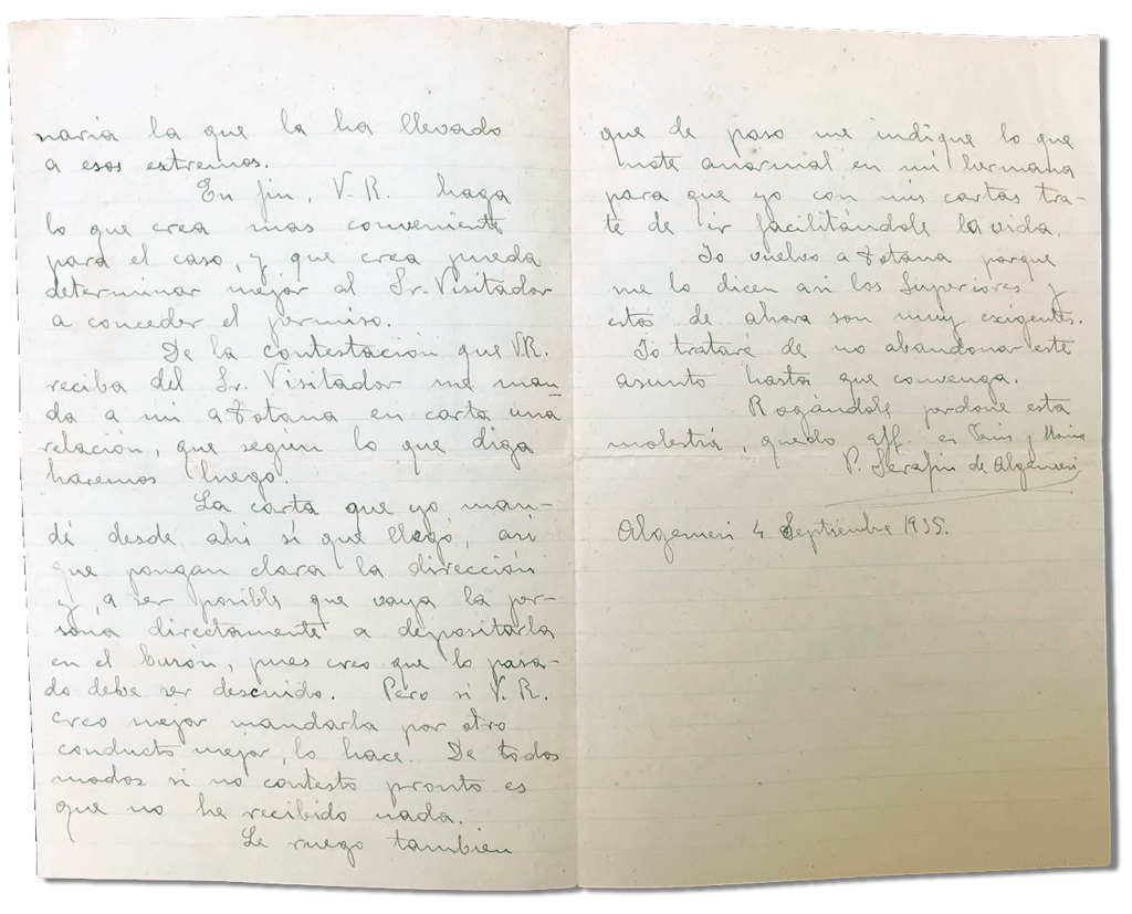 María Teresa y sus Hijas Mártires - Parroquia San Pio X de Algemesí Valencia - Carta de Fray Serafín a sus hermanas 1936 4 septiembre