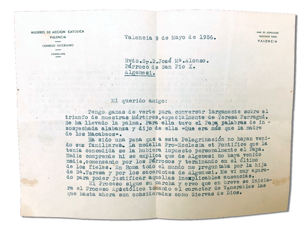 María Teresa y sus Hijas Mártires - Parroquia San Pio X de Algemesí Valencia - Cartas varias 1956 9 mayo del parroco
